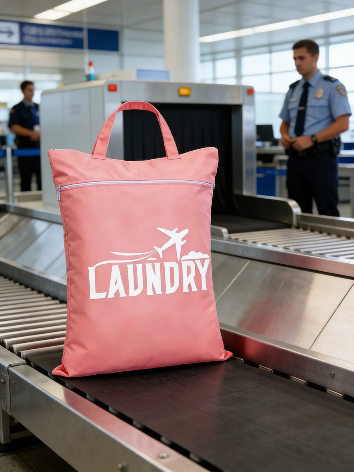 A pink laundry bag with the word LAUNDRY printed on it is placed on a conveyor belt in a facility.