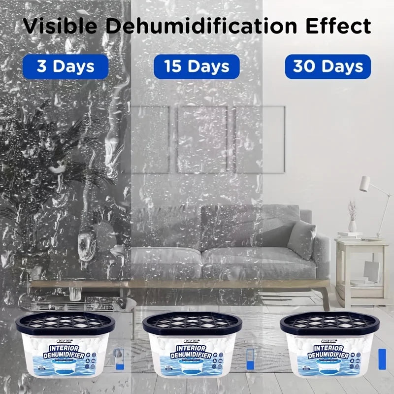 Three boxes of interior dehumidifiers demonstrating a visible dehumidification effect over 3, 15, and 30 days.