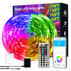 A smart RGB LED strip light is shown with a spinning light effect, an app control interface, and a remote control device.