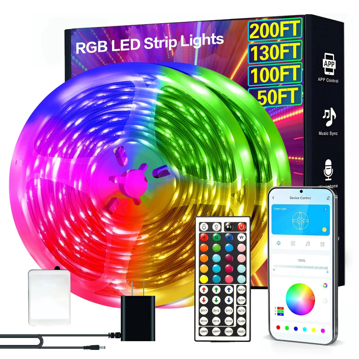 A smart RGB LED strip light is shown with a spinning light effect, an app control interface, and a remote control device.