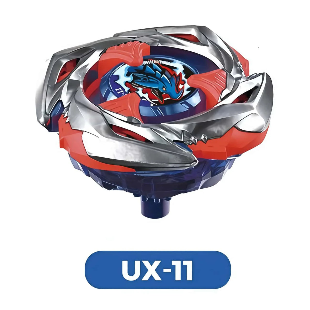 A silver and red metal spinning top battle toy with a launcher mechanism.