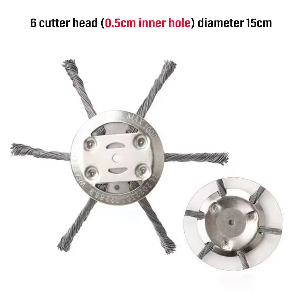 A silver steel wire trimmer brush head with a 0.5cm inner hole and a 15cm diameter.