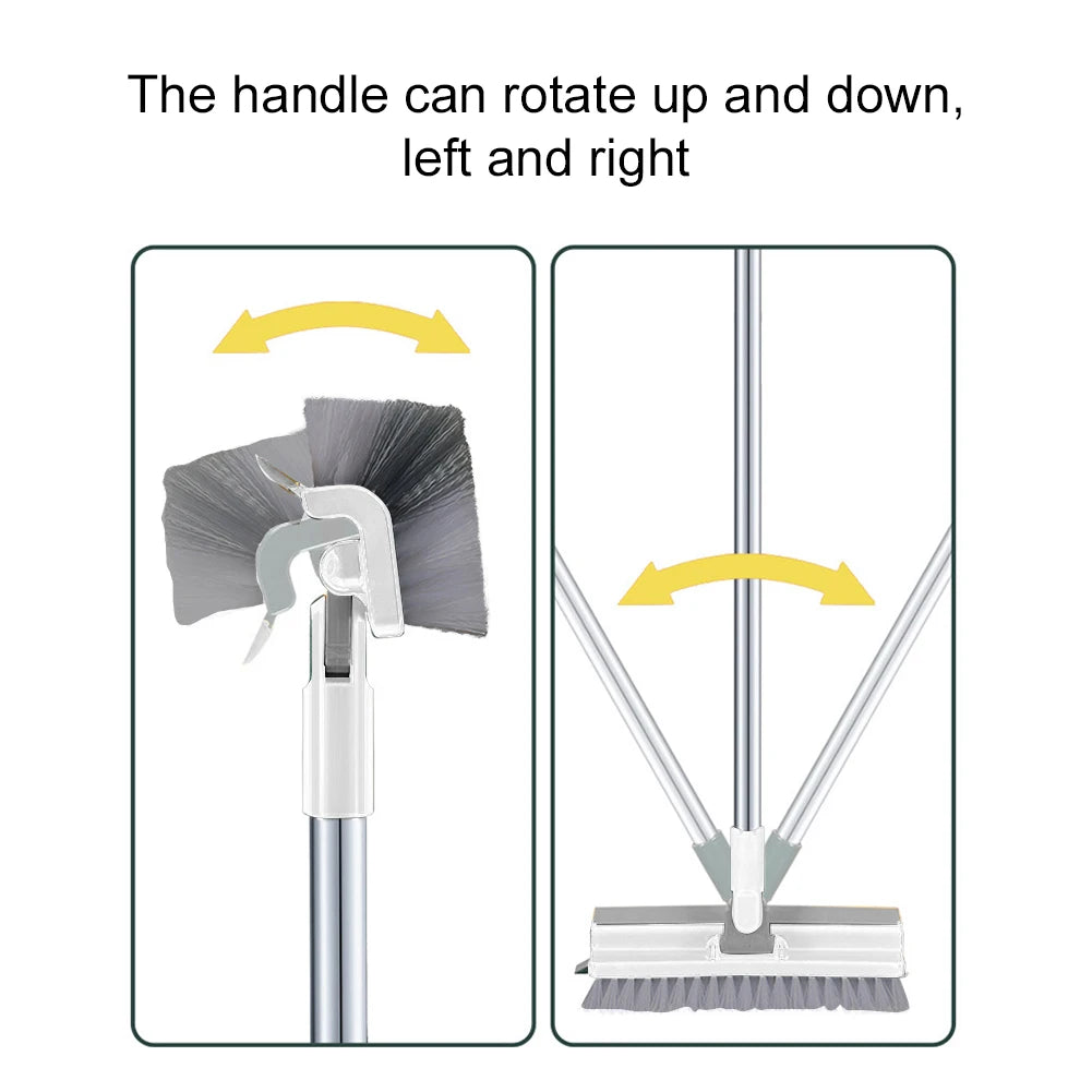A floor scrub brush with a long handle that can rotate up and down, left and right.