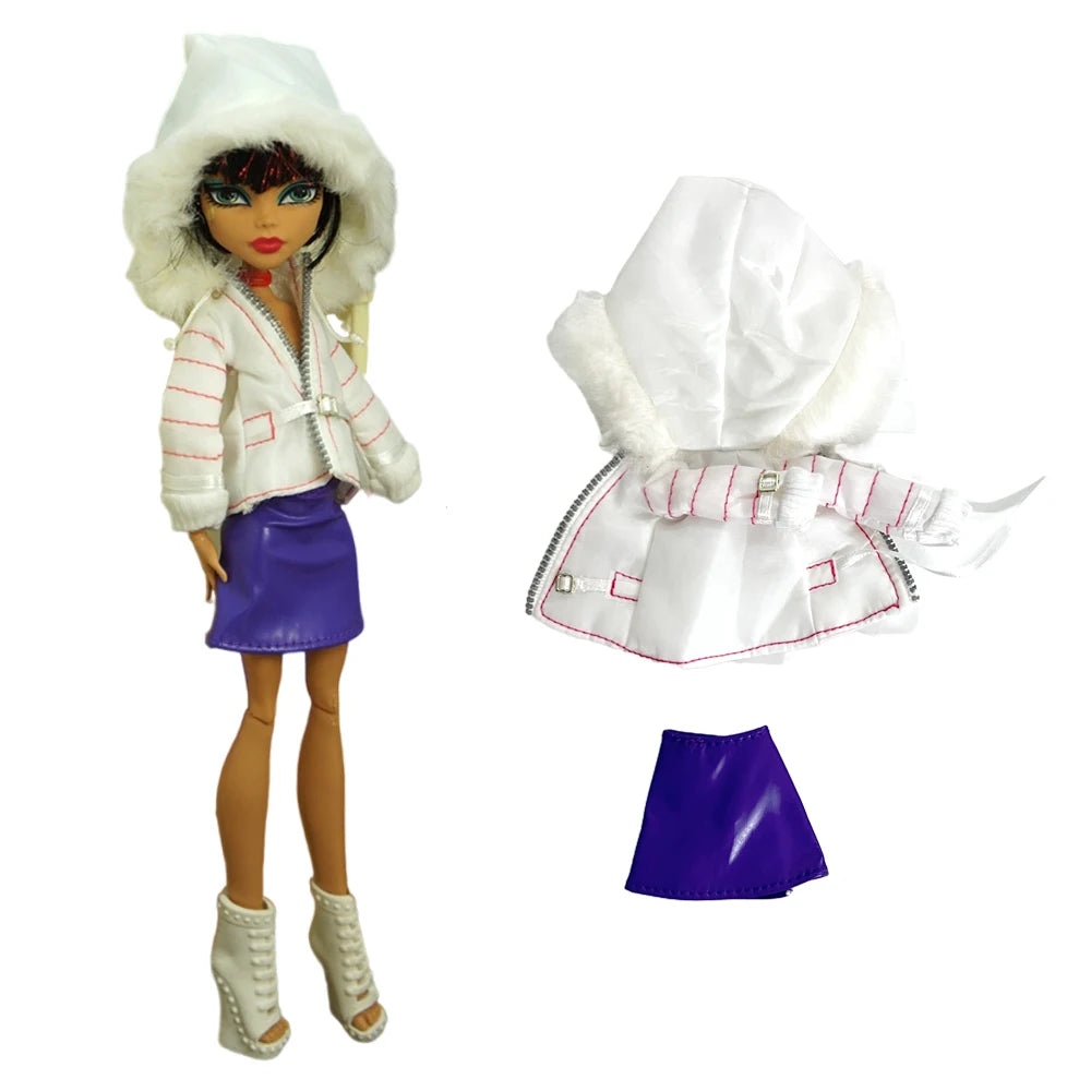 A fashion doll outfit featuring a white hooded jacket with pink trim and a purple skirt.