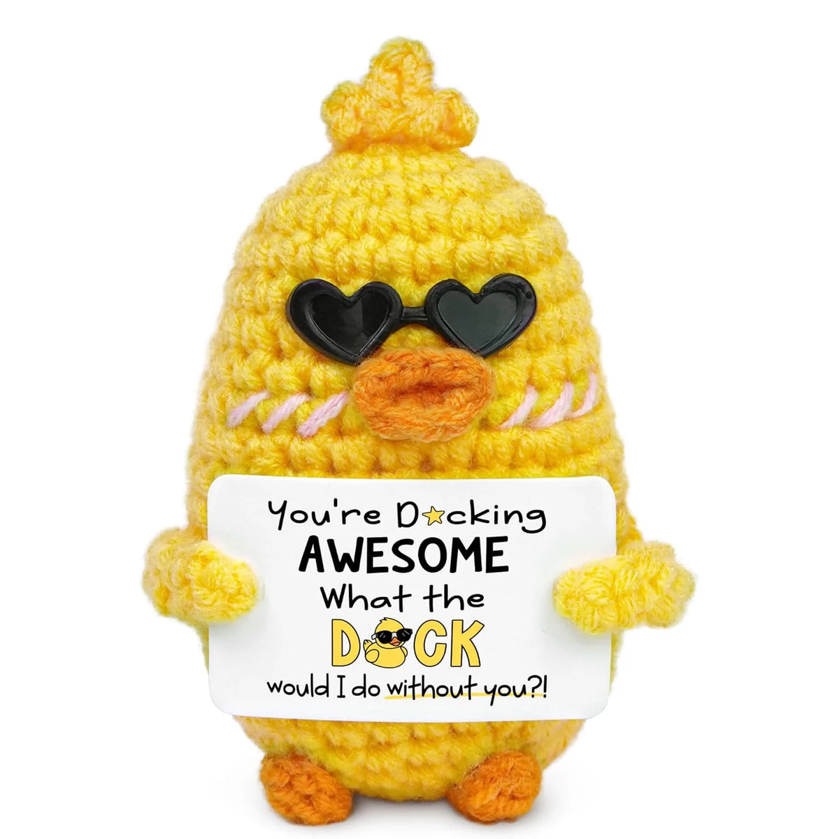 Handmade crochet yellow hedgehog doll with black sunglasses and an inspirational card