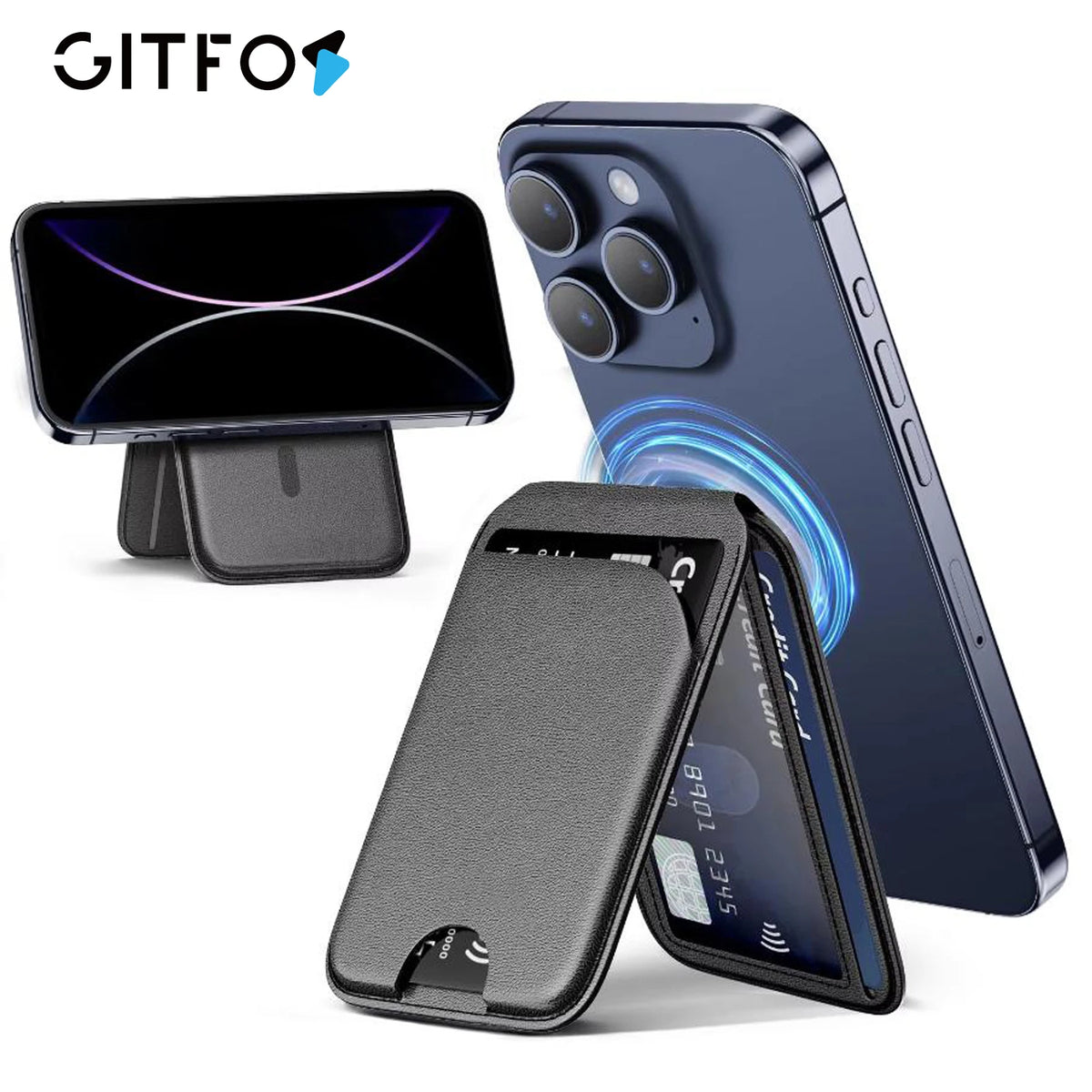 Dunkelblauer iPhone mit magnetischem Wallet-Halterungszubehör.