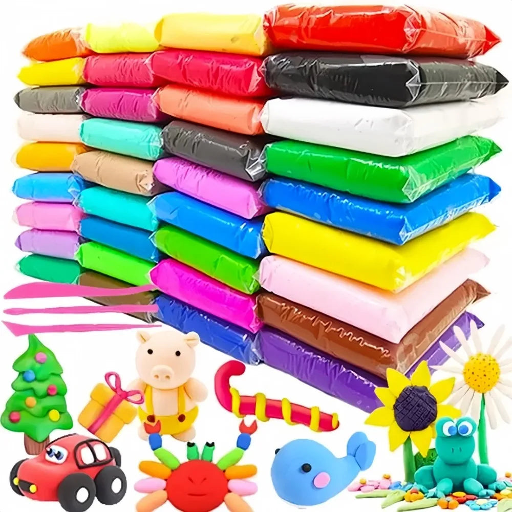 A colorful set of 36 ultra light air dry clay modeling tools and accessories for kids
