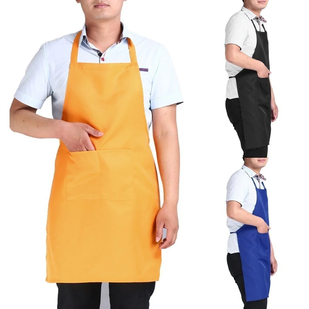 A man wearing a bright orange waterproof apron with a front pocket.