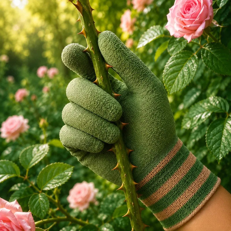 A hand wearing green gardening gloves gently holds a thorny stem amidst pink roses and green foliage.