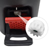 A close-up view of a red plastic gear replacement part for a spin mop bucket, shown next to the complete white replacement ge