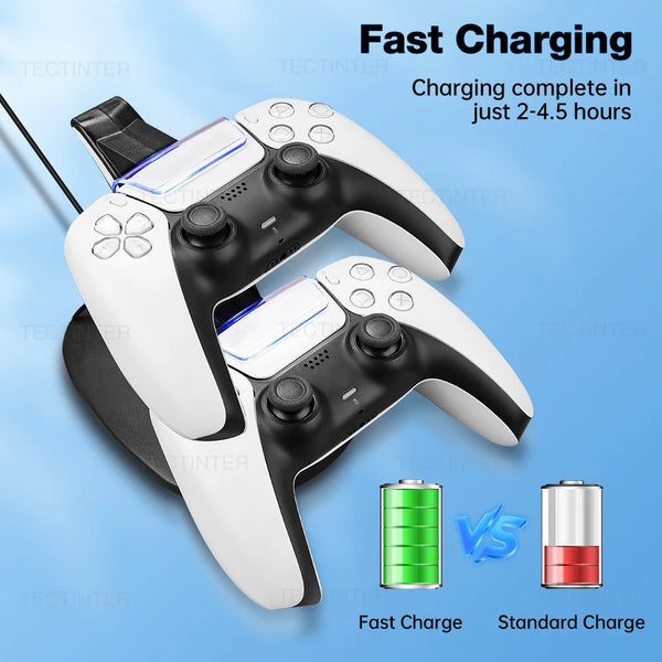 Paar weiße und schwarze Dual-Ladestaktionscontroller neben Lithium-Akkuzellen für schnelles Laden.