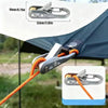 Silver aluminum alloy tent rope tensioner with reflective orange cord shown attached to a tent fabric.