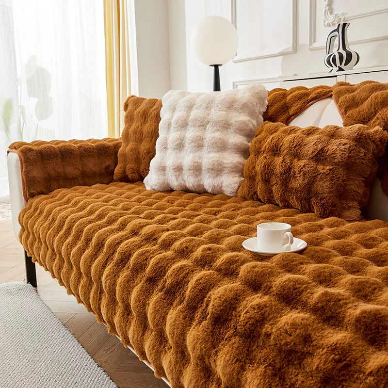 Plush Rabbit-Feel Sofa Cover with Anti-Slip Backing
