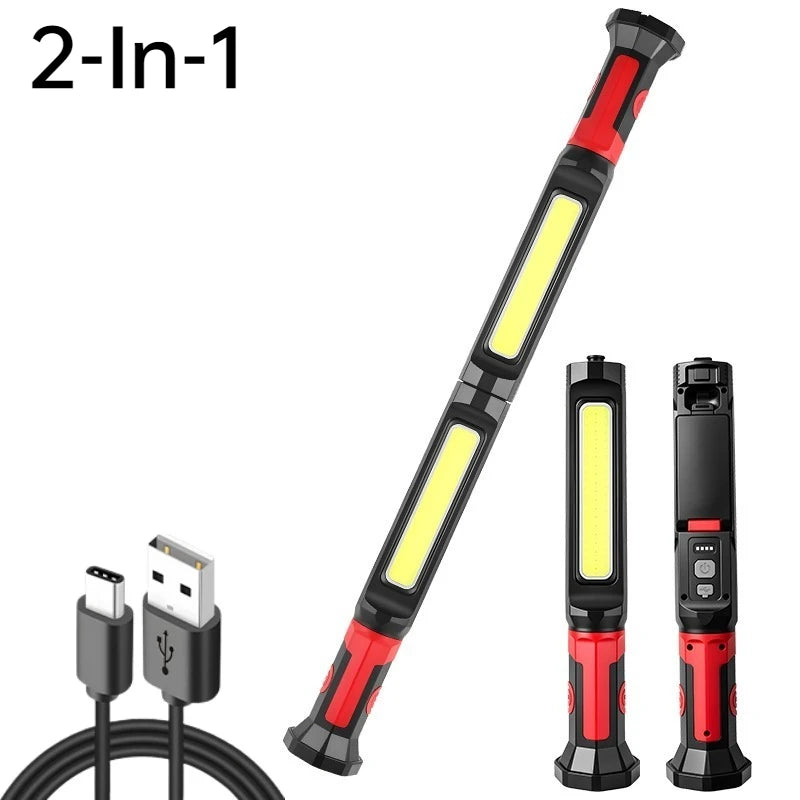 A magnetic rechargeable COB work light with a hook and power bank shown in various configurations.