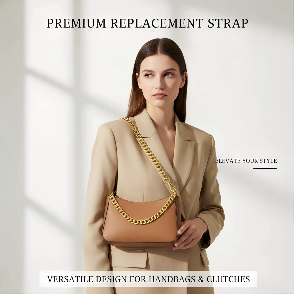 A woman models a tan blazer holding a brown leather handbag with a gold metal chain strap.