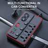 A black portable car power inverter with a digital display and multiple AC and USB outlets is shown on a car interior surface