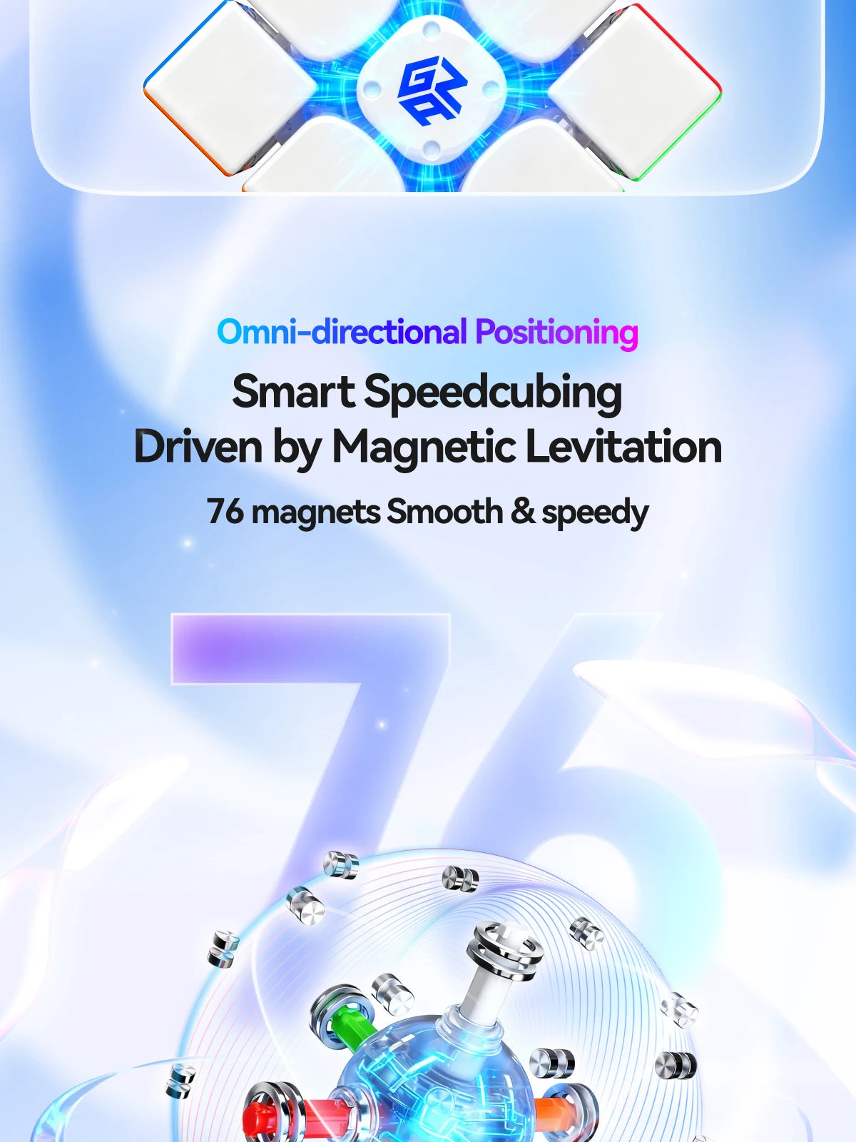 A blue smart speedcubing cube featuring 76 magnets and omni-directional positioning driven by magnetic levitation.