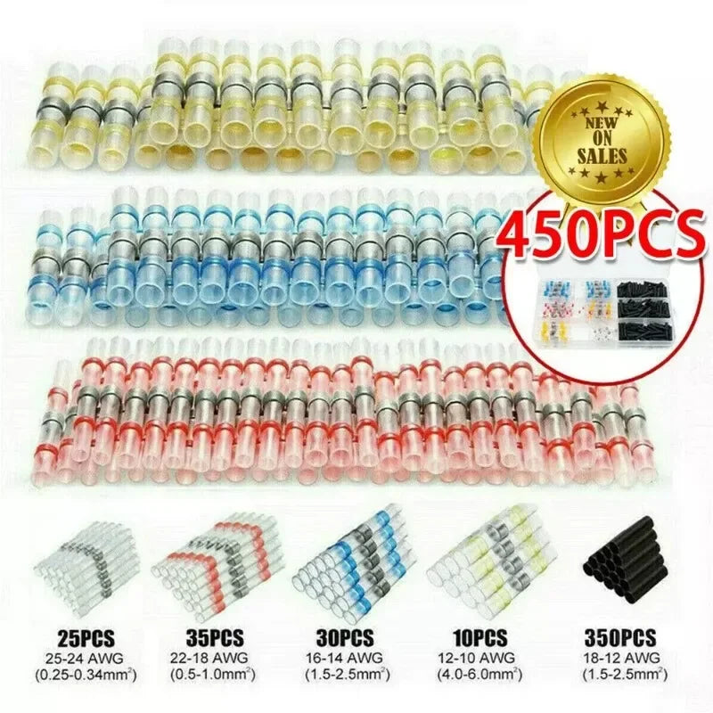 Assortment of waterproof heat shrink solder wire connectors in various colors and gauges, including 25PCS to 350PCS.