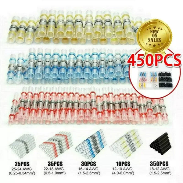 Assortment of waterproof heat shrink solder wire connectors in various colors and gauges, including 25PCS to 350PCS.