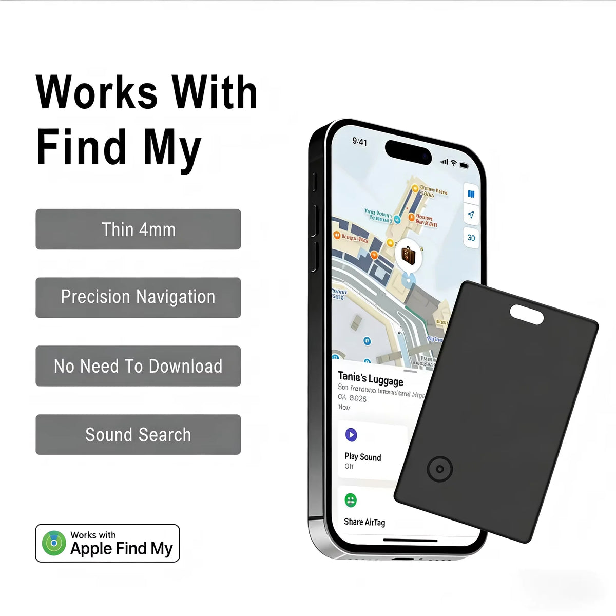 A black slim Bluetooth wallet tracker is shown next to an iPhone screen displaying Apple Find My integration details.