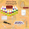 An all-in-one painting kit showing various colors, paints, brushes, and tools for a marbling art project.