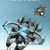 A black and blue remote control fighter drone is shown flying over a runway under a light sky.