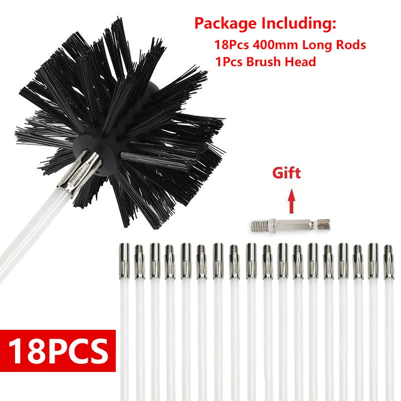 Black flexible chimney and dryer vent cleaning brush kit including rods and a brush head