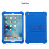A dark blue silicone protective case with a kickstand for an iPad Mini device.