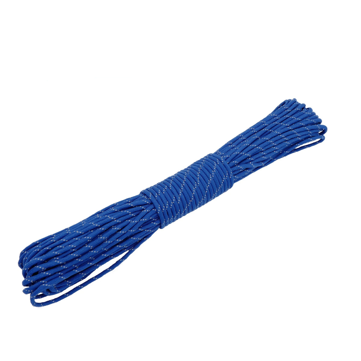Blue reflective paracord rope used for outdoor utility and binding purposes