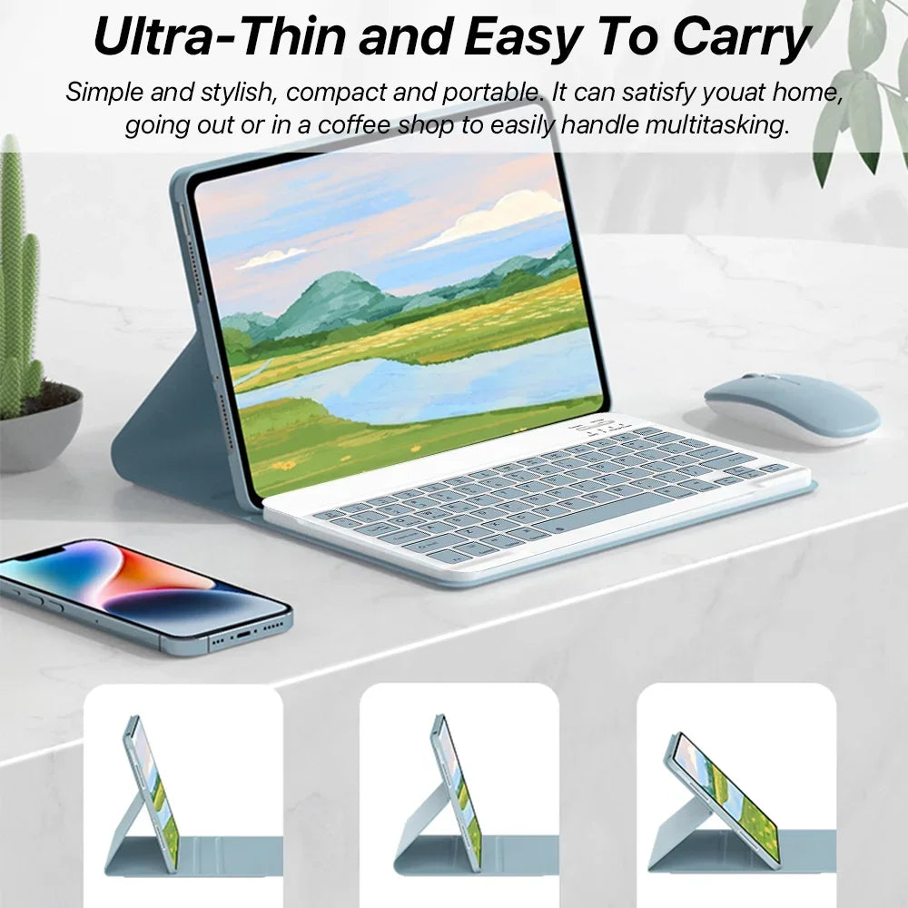 Laptop neben Smartphone und mehreren iPad-Hüllen mit Bluetooth-Tastaturabdeckung