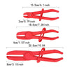 A set of three red hose clamp pliers with various sizes and lengths shown against a white background.