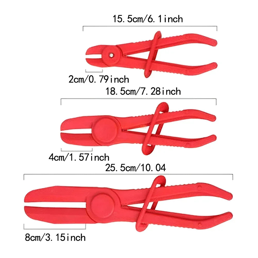 A set of three red hose clamp pliers with various sizes and lengths shown against a white background.