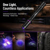 A black pen light is shown alongside various applications including authenticity verification, stain detection, and mineral a