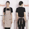 Front and back views of a beige adjustable cotton apron worn by a woman.