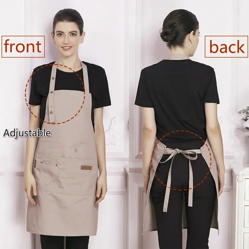 Front and back views of a beige adjustable cotton apron worn by a woman.