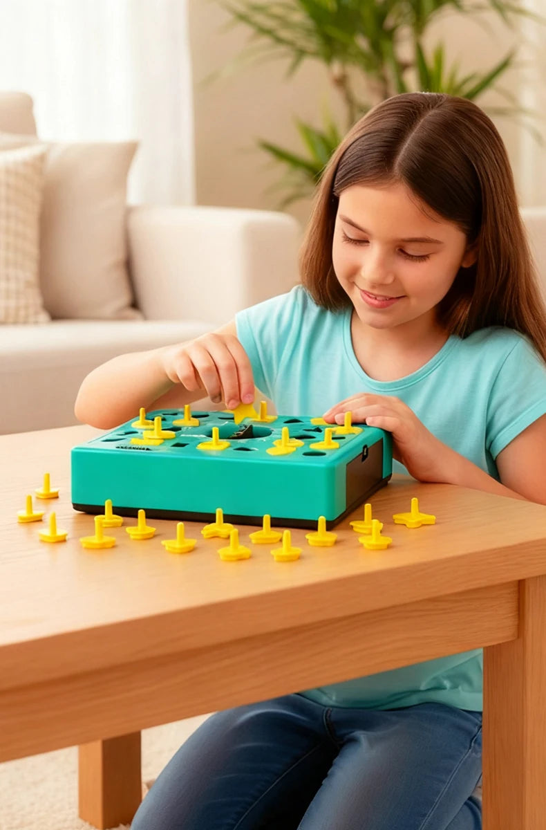 A young girl is playing with a green shape matching puzzle game on a wooden table.