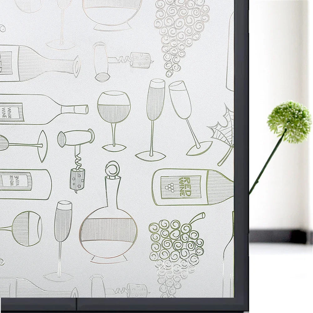 A sheet of frosted stripe privacy window film featuring various line art illustrations of wine bottles and grapes.