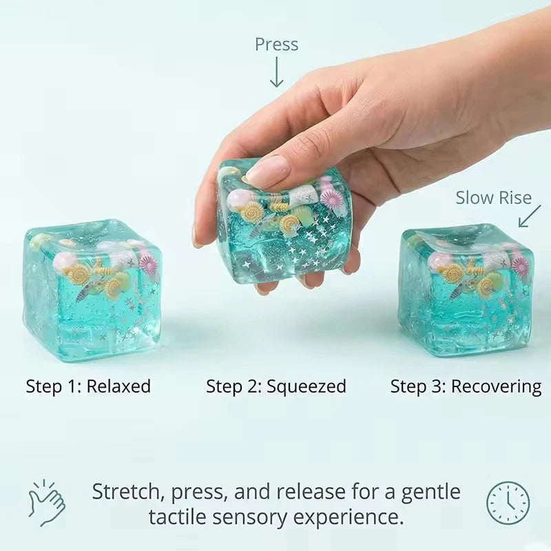 A hand is shown pressing a translucent blue sea shell cube, illustrating three steps: relaxed, squeezed, and recovering.