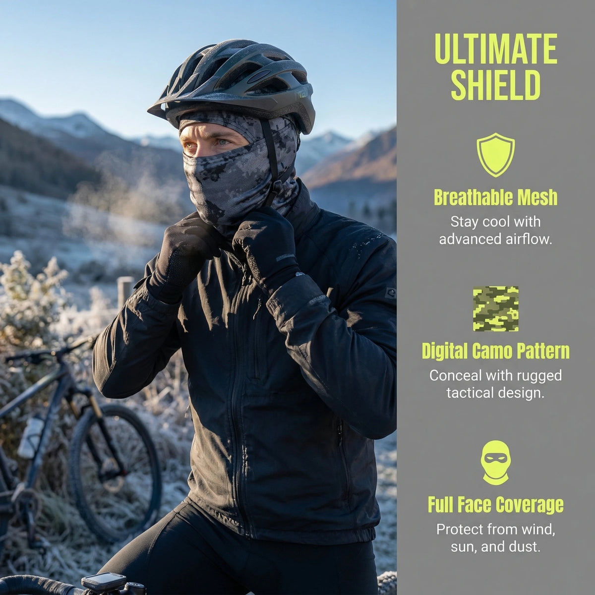 A person wearing a dark jacket and digital camo balaclava cap is shown outdoors in a snowy, mountainous landscape.
