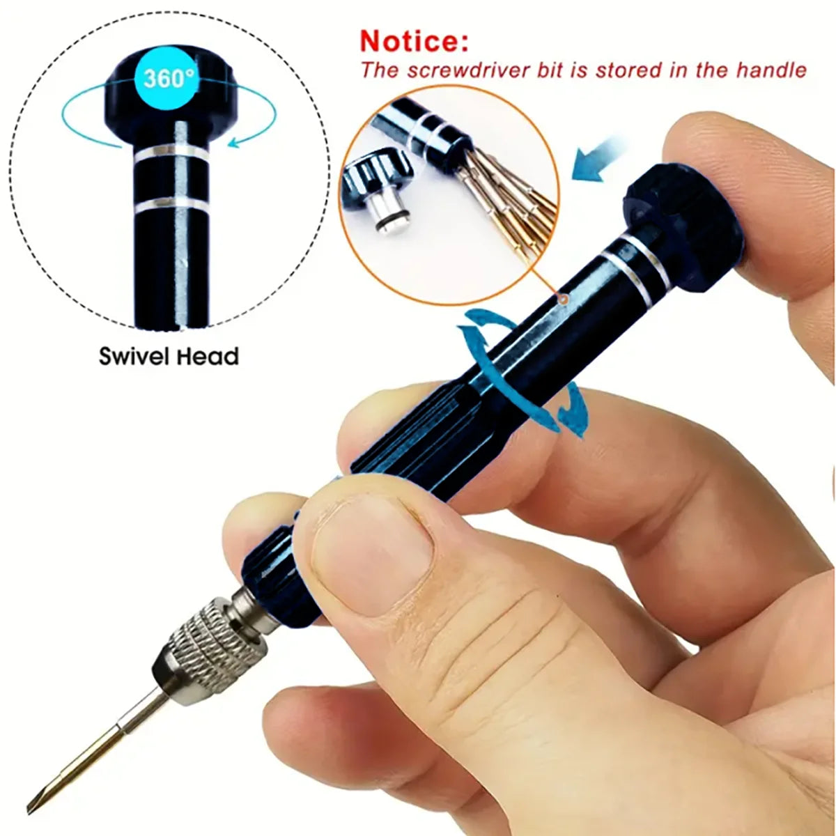 A hand holds a black swivel screwdriver bit with a silver tip, demonstrating its use for repair work.