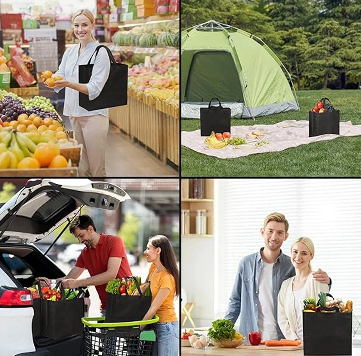 Reusable Non-Woven Grocery Tote Bags, 6-Pack Foldable Shopping Bags with Long Handles