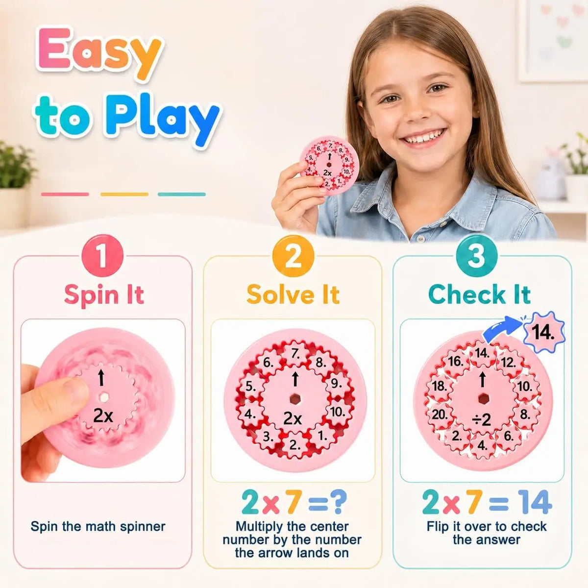 A girl is smiling while playing with a pink math spinner game that involves spinning and solving multiplication problems.