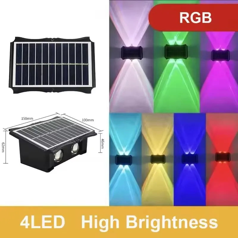 A solar powered LED wall light featuring RGB lighting and a solar panel component.