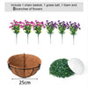 Artificial hanging morning glory flowers with a woven basket, grass ball, foam, and branches.