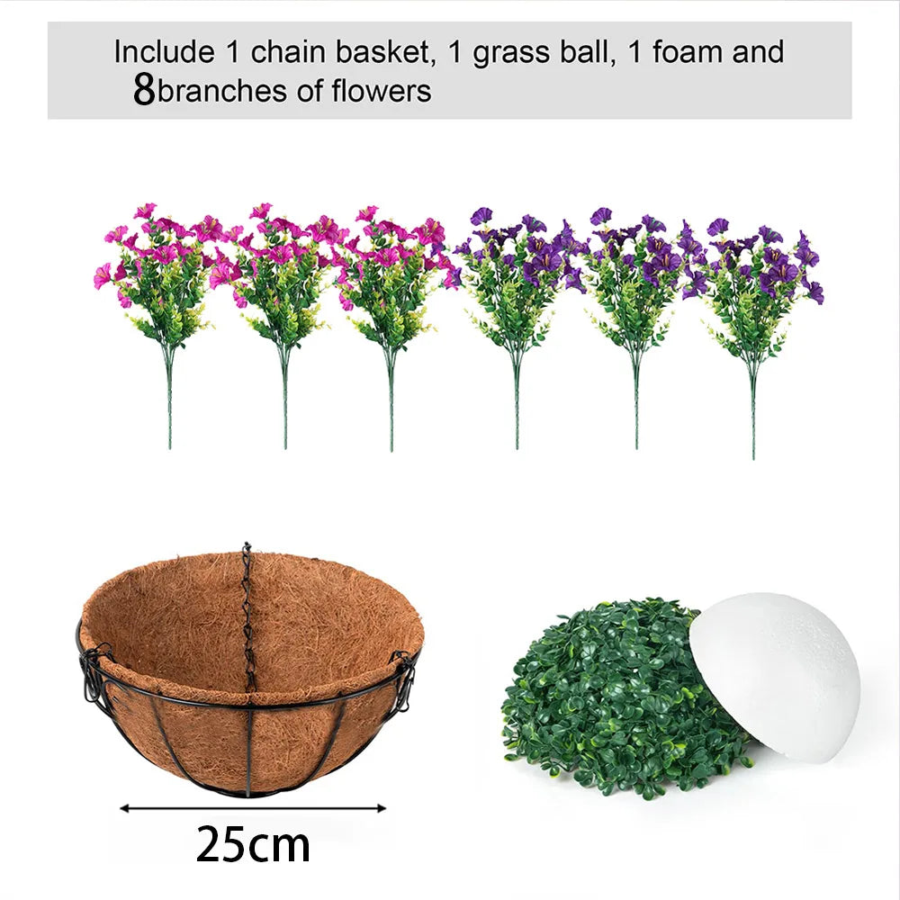Artificial hanging morning glory flowers with a woven basket, grass ball, foam, and branches.