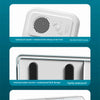 A white waterproof shower phone holder with a speaker and various protective designs shown from different angles.