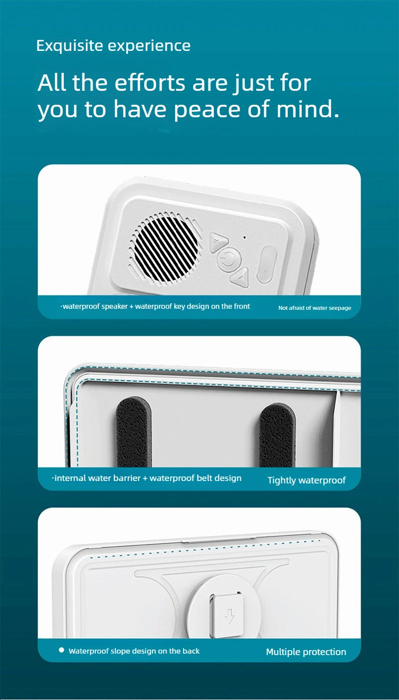 A white waterproof shower phone holder with a speaker and various protective designs shown from different angles.
