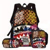 A black backpack and matching pouch featuring a brown and black checkered pattern with colorful graffiti text.