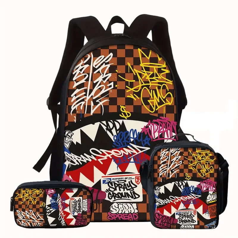 A black backpack and matching pouch featuring a brown and black checkered pattern with colorful graffiti text.