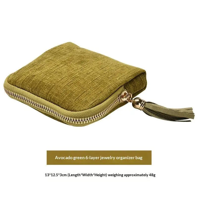 Olive green velvet jewelry organizer bag with a zippered closure